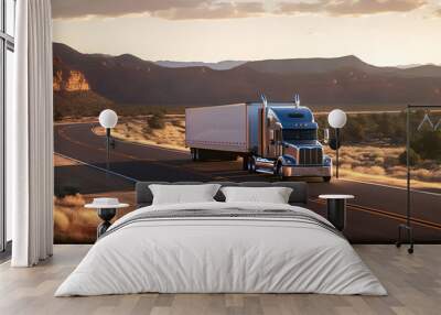 Vibrant Semi Truck on Open Road: Expansive Desert Mountain Landscape Backdrop Wall mural