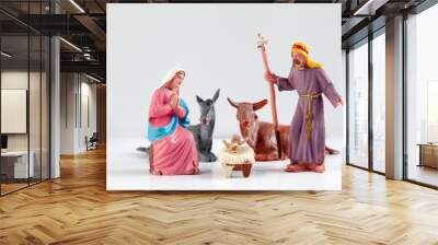 Christmas Manger scene with Jesus, Mary and Joseph on white Wall mural