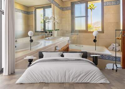 a image of a bathroom with a double sink and a open window overlooking a palm tree and mountains of Marbella Wall mural