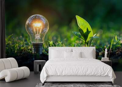 A glowing light bulb beside a small green plant symbolizes renewable energy, sustainability, and the fight against climate change through eco-friendly innovation and growth. Generative AI Wall mural