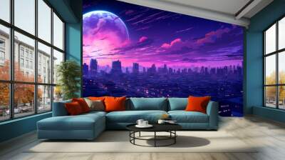 Generative AI illustration of lo-fi Night Skyline and Purple Hues inspirated in manga and anime. Cityscape with the moon. Reflections. Wall mural