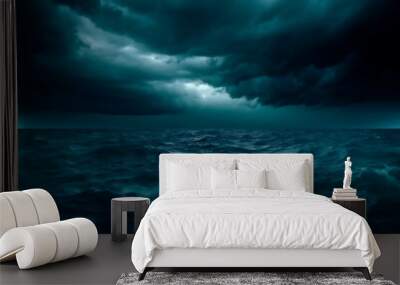 Generative Ai image of a horror black blue sky, sea haunted cloud, scary ocean, depression background, mystery gloomy dark theme, blur texture. Wall mural