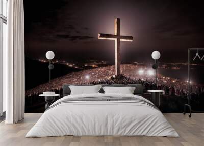 giant cross of christianity on the hill and faithful with candles.ai generated Wall mural