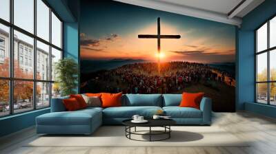 hundreds of people worshiping big cross on the hill Wall mural