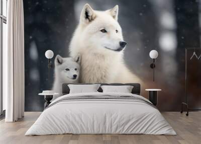 Portrait of a white arctic wolf with her baby in the snowy day into the forest. Generative AI illustration. Wall mural