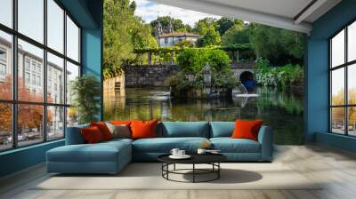 Beautiful lake with swans and flowering plants in the gardens of the Pazo de Oca, Galicia. Wall mural