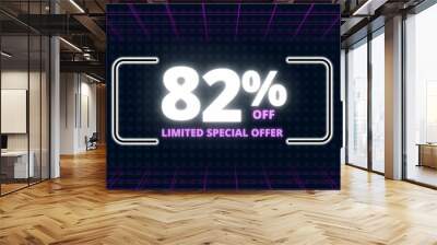 82% off limited special offer. Banner with eighty two percent discount on a  black background with white square and purple Wall mural