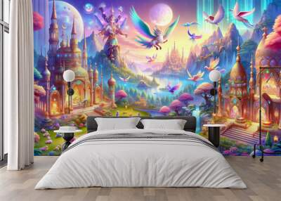 A magical world inhabited by fantastic creatures and mythological beings, in cartoon form. Wall mural