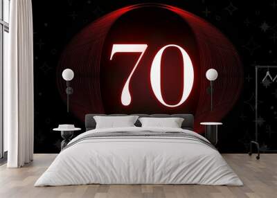 Number 70. Banner with the number seventy on a black background and white stars with a circle red in the middle Wall mural