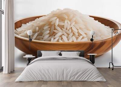 dry white long rice basmati in wooden bowl isolated on a white background Wall mural