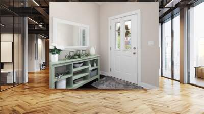 A cozy entryway with brown walls, a green console table with decorations, and a white front door. Wall mural