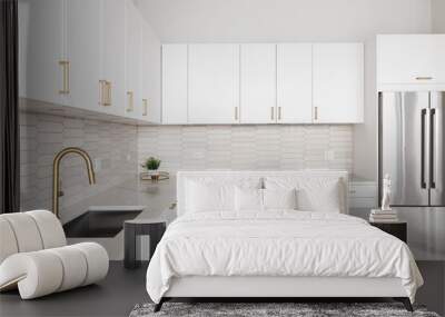 A kitchen detail with white cabinets, gold hardware and faucet, marble countertops, and a brown picket tile backsplash. Wall mural