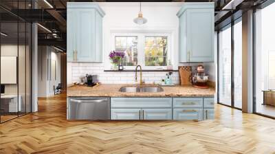 A light blue kitchen detail with a granite countertop, gold faucet and light, and a white subway tile backsplash. Wall mural