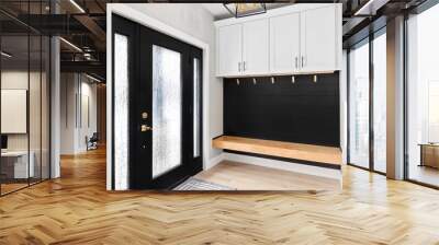 A modern farmhouse entryway with bench seating, black shiplap, white cabinets, gold coat hooks, and a black and gold light fixture, Wall mural