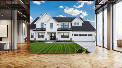 A white modern farmhouse with a dark shingled roof and black window frames, a covered porch, and landscaping. Wall mural