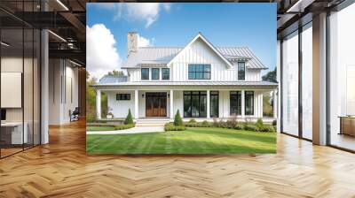 A white modern farmhouse with a grey metal roof, black window frames, a covered porch, and landscaping. Wall mural