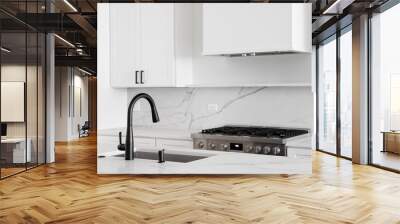 An all white kitchen with a black faucet on a white marble countertop with a stainless steel stove below a white range hood and marble backsplash. Wall mural