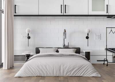 Detail shot of a modern kitchen sink with white cabinets, granite and subway tile. Wall mural