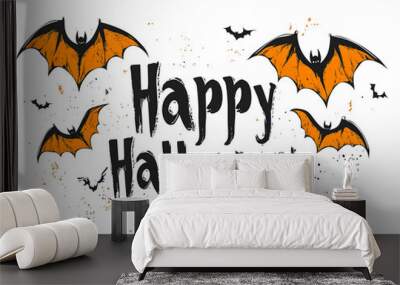 Happy Halloween sign and lettering on a solid white background with an orange and black theme. Bats surround the text for decoration. Wall mural