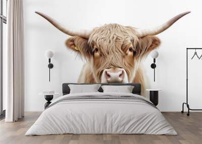 Highland cattle on an isolated white background. Highland cattle are known for their long hair and long, curved horns. Wall mural