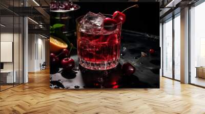 A Cherry Ginger Ale, its deep red hue richly contrasting with the black surface, symbolizing indulgence and refinement. Wall mural