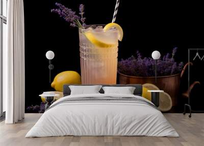 A Honey Lavender Lemonade, its soft purple and yellow tones harmoniously contrasting the black background, centered on a dark, serene surface. Wall mural