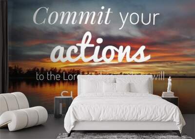 commit your action from bible verse with sunset background design for christianity . Wall mural