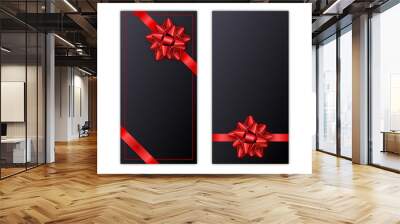 Set of black holiday gift card with red ribbon and bow. Template for a business card, banner, poster, notebook, invitation Wall mural