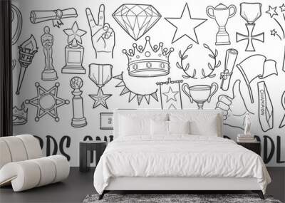 Awards Doodle Icons. Hand Made Line Art. Winner Clipart Logotype Symbol Design. Wall mural