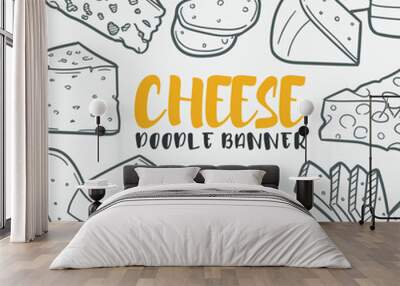 Cheese Doodle Banner Icon. Product Food Vector Illustration Hand Drawn Art. Line Symbols Sketch Background. Wall mural