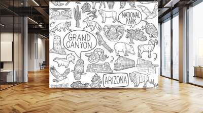 Grand Canyon Doodle Icons Black and White Line Art. National Park Clipart Hand Drawn Symbol Design. Wall mural