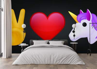 Peace Love and Unicorns Illustration Emoji Design. Motivational Quote Emoticon Vector Symbol. Wall mural