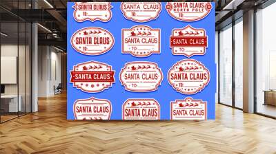 Santa Claus Sticker. Premium Quality Stamp Frames. Christmas Packaging Design. Icon Art Vector. Old Style Frames and Badges. Wall mural