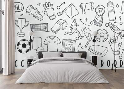 Soccer and Football Doodle Line Art Illustration. Hand Drawn Vector Clip Art. Banner Set Logos. Wall mural