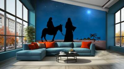 bethlehem christmas. star in night sky above mary and joseph Wall mural