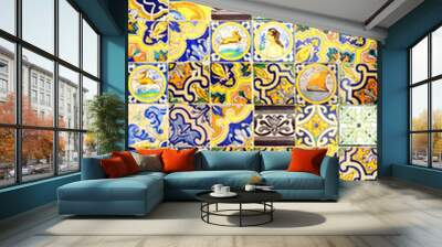 Reused Triana tiles composition. Current trend of sustainable decorative background. Azulejos of Triana Seville. Graphic resource for advertising, fabrics, wallpaper, vinyl, decoration, interior desig Wall mural