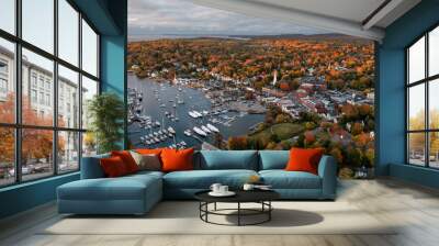 Panoramic view of sea harbor Camden, Maine town on east coast in New England, USA during sunrise in autumn season with fall foliage landscape Wall mural