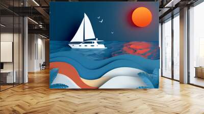 Paper Cut Style Tropical Beach with Sailboat Wall mural