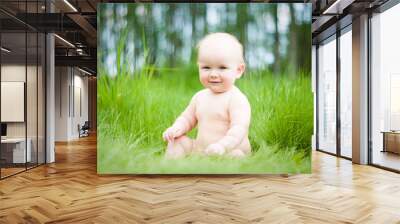 baby sitting on green grass Wall mural