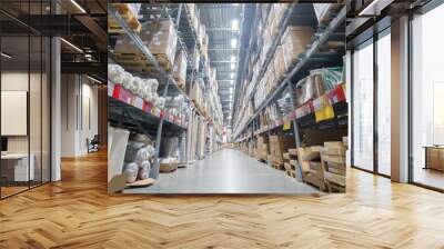 Modern warehouse with cardboard boxes and rows of shelves Wall mural