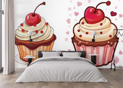  Cute cartoon style cupcake with cream and cherry on top, sticker vector design Wall mural