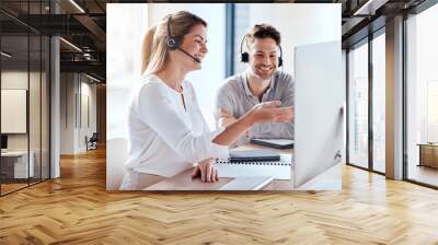 Computer, collaboration and call center with a team consulting while working in customer service for support. Teamwork, crm or contact us with man and woman consultant employees at work in an office Wall mural