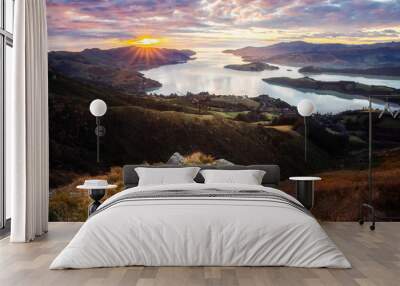 christchurch new zealand landscape, sunrise scenic view from port hills overlooking lyttelton harbou Wall mural