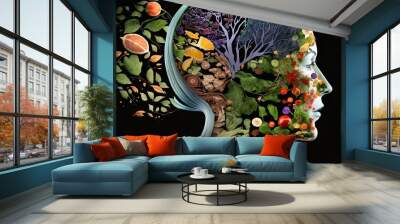 Human woman with nutritious food a her brain and head  Wall mural