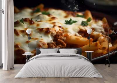 baked ziti. A close up magazine quality image of a casserole of baked ziti with sausage Wall mural