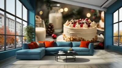 Christmas themed slice of cake with a glass of milk Wall mural