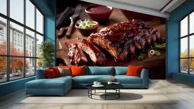 grilled pork ribs  BBQ ribs AI-generated art, Generative AI, illustration Wall mural