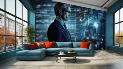 Cutting-edge Vision: Tech Guru in Futuristic Data Center Utilizing Laptop Amidst Warehouse, Streamlined Digitalization with Server-Based Information. SAAS, Cloud Computing, Web Service Empowered Wall mural