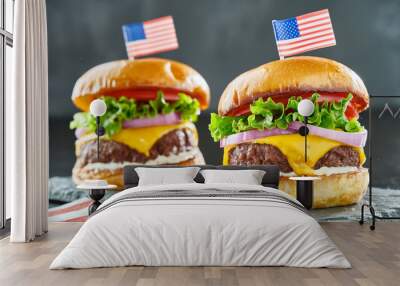 4th of july themed cheeseburgers with mini flags Wall mural