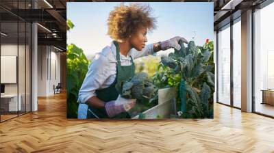 african american woman tending to kale in communal urban garden Wall mural